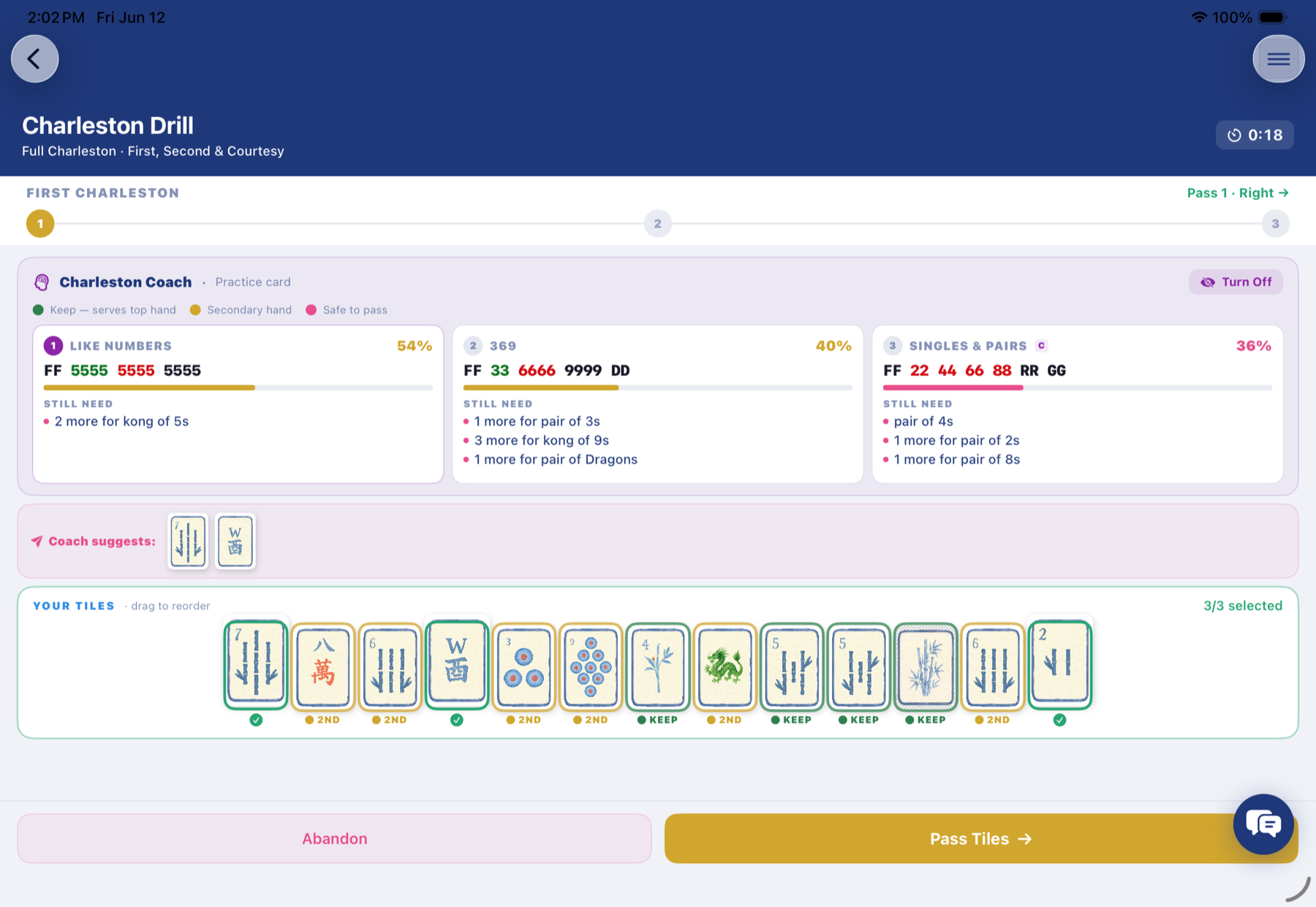 Tile Wise Charleston Practice screen showing tile rack with pass direction tabs and Strategy Tip
