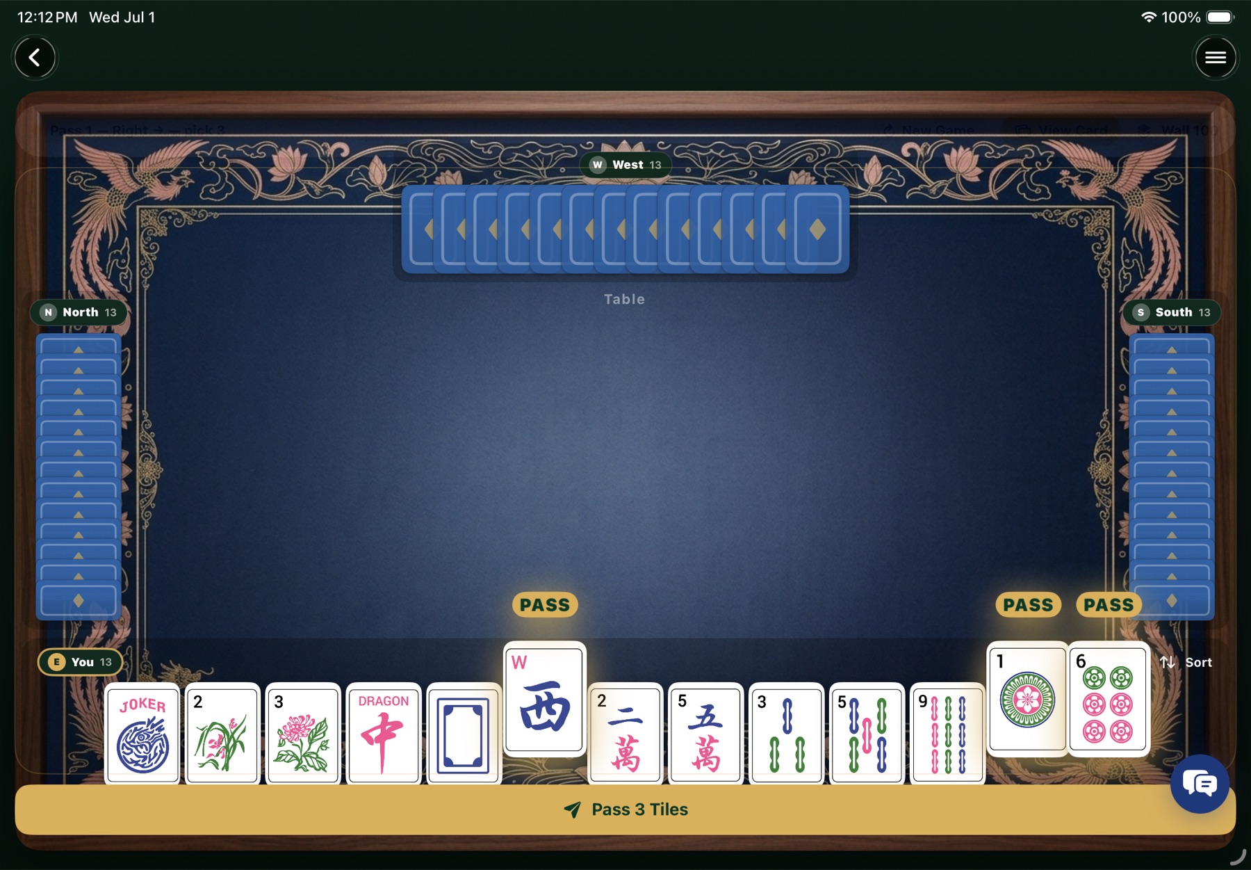 Tile Wise Full Game Simulator on iPad — a realistic four-sided table with your hand along the bottom and three AI opponents' racks lining the top and sides