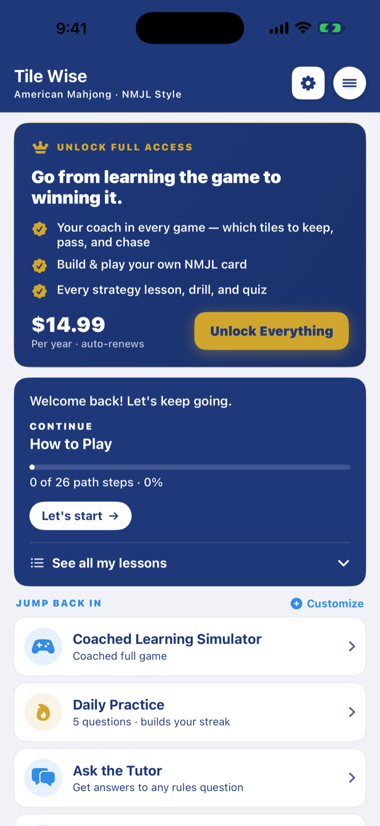 Tile Wise on iPhone — the home dashboard with your learning path and one-tap access to the coach, daily practice, and the tutor