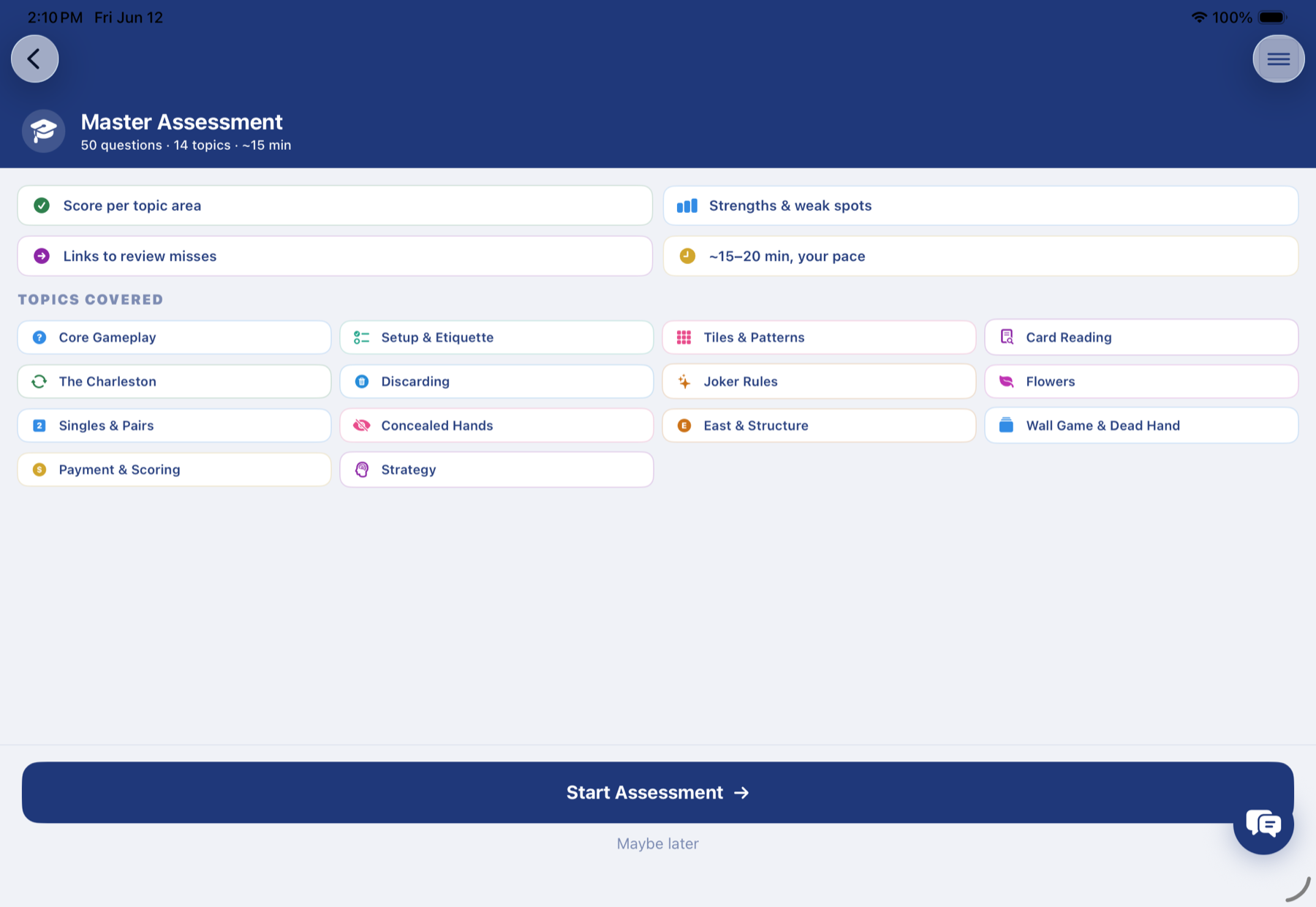 Tile Wise Master Assessment screen — 50 questions across 14 topics, score per topic area, strengths and weak spots, and links to review misses