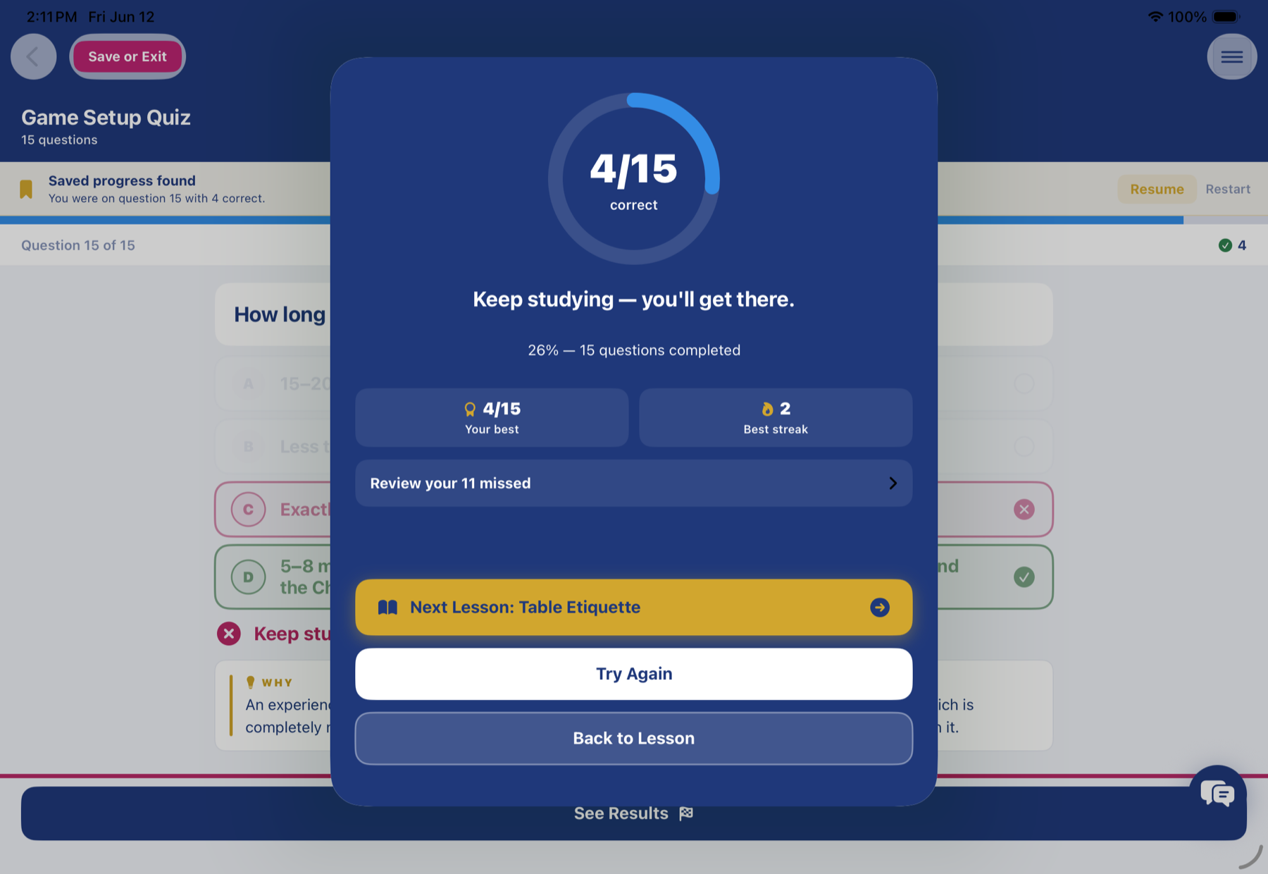 Tile Wise quiz results popup showing score with Next Lesson button